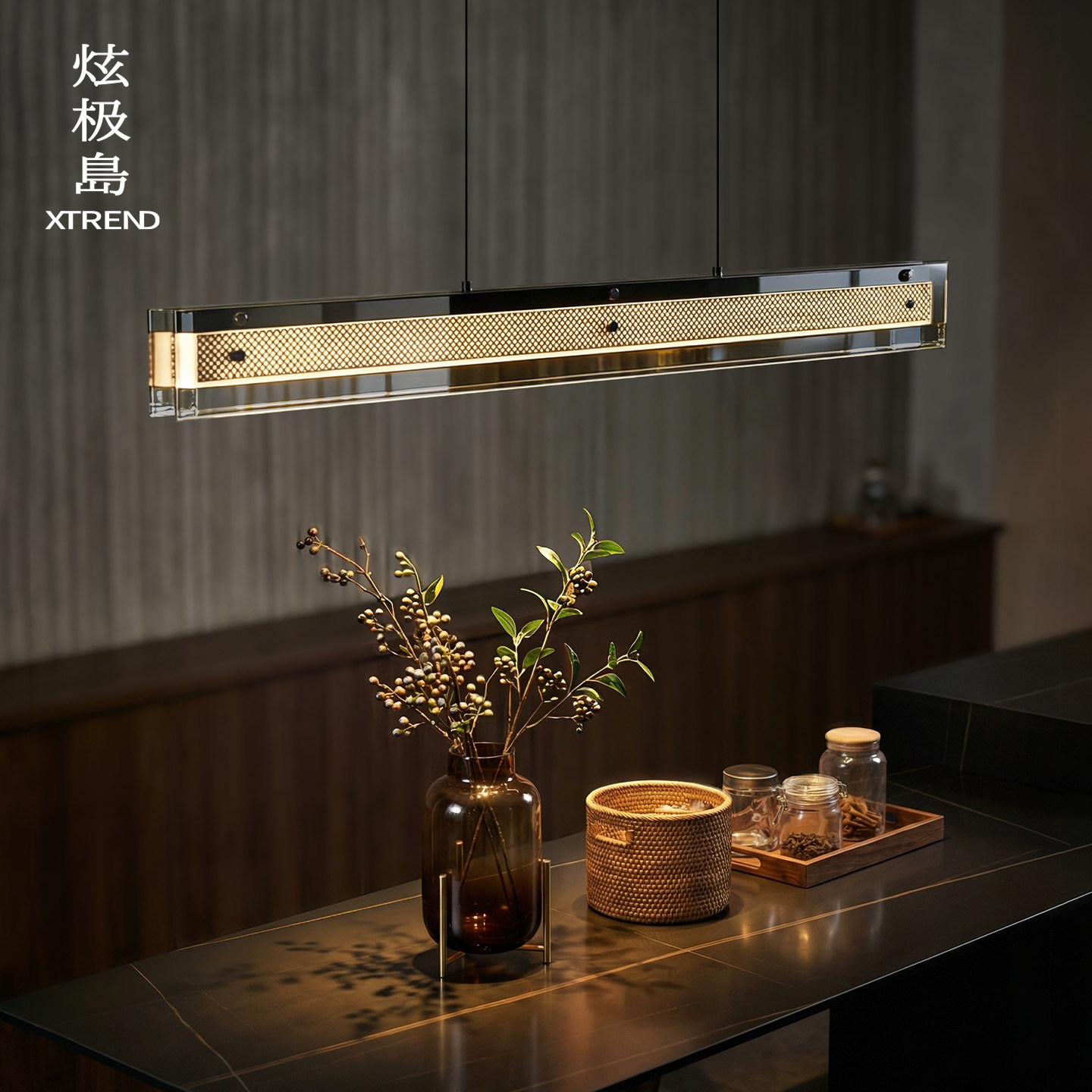 餐厅吊灯意式轻奢高级玻璃岛台饭厅吊灯极简一字长条可升降餐桌灯