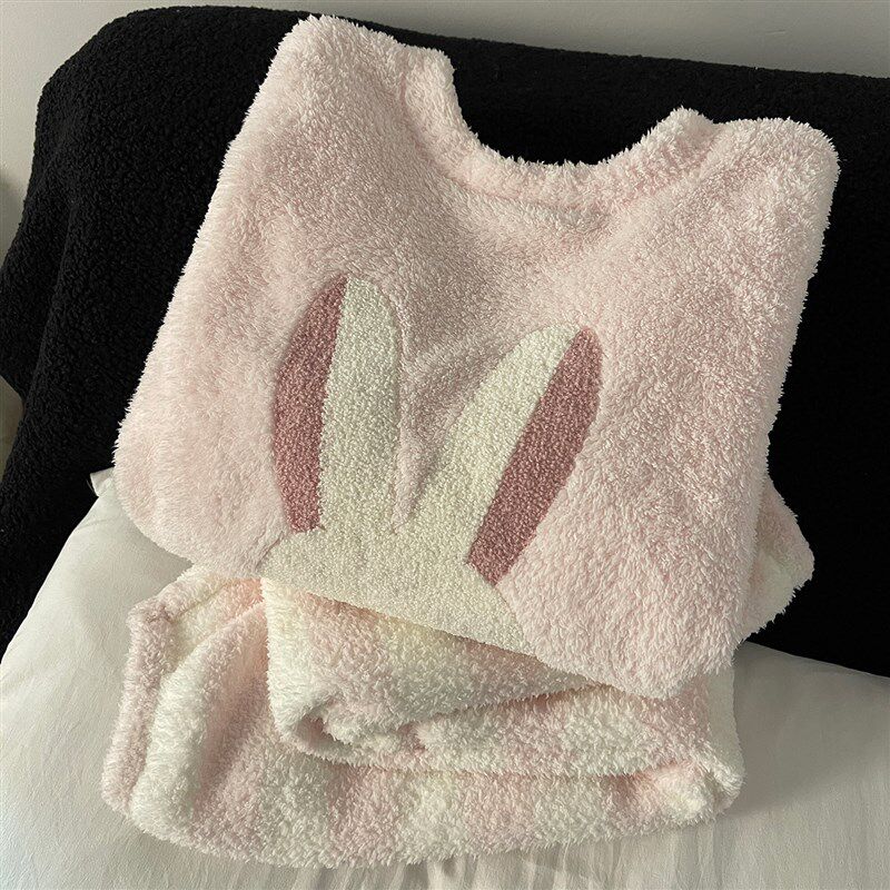 甜美粉色兔子睡衣女冬季加绒加厚保暖半边绒条纹珊瑚绒家居服套装