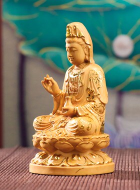 黄杨木坐莲净瓶兰花指观音菩萨佛像客厅车载摆件工艺品