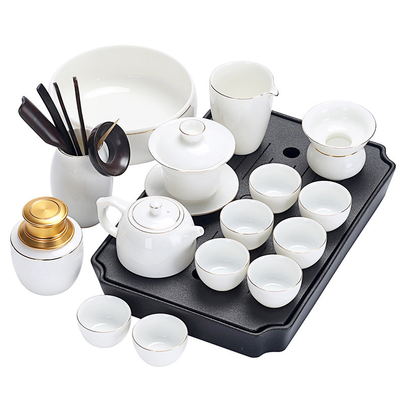 羊脂玉茶具小套装家用白瓷简约客厅高档描金侧把壶盖碗茶道喝茶杯