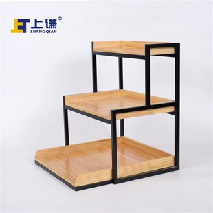 上谦三层阶梯松木铁架面包超市水果化妆品服装花卉陈列架促销展台