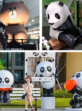 户外网红店爬墙打卡通熊猫兔装饰门头玻璃钢雕塑壁挂拍照大型摆件