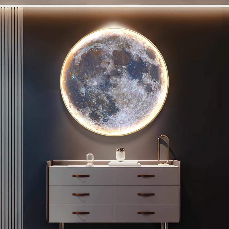 现代轻奢月球星球玄关卧室圆形装饰画客厅沙发背景墙LED灯墙壁画