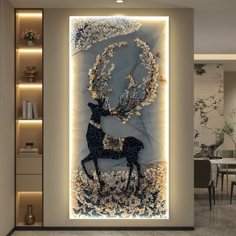 轻奢欧式入户玄关装饰画led灯光画高档走廊过道挂画客厅竖版壁画