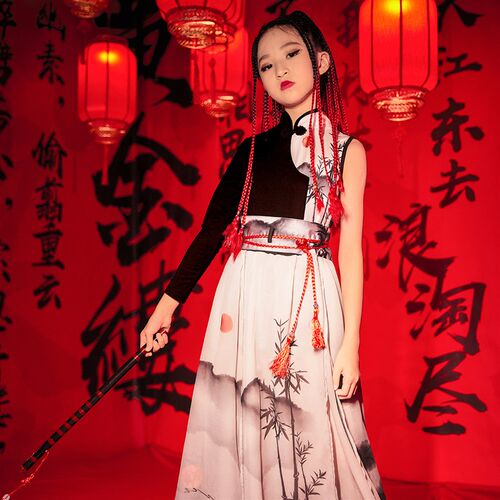 儿童国潮演出服模特t台走秀时装女童水墨表演服少儿中国风舞蹈服