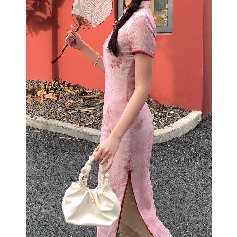 故双栖【夏天的风】粉色改良旗袍女新中式小个子夏季新款2024新款