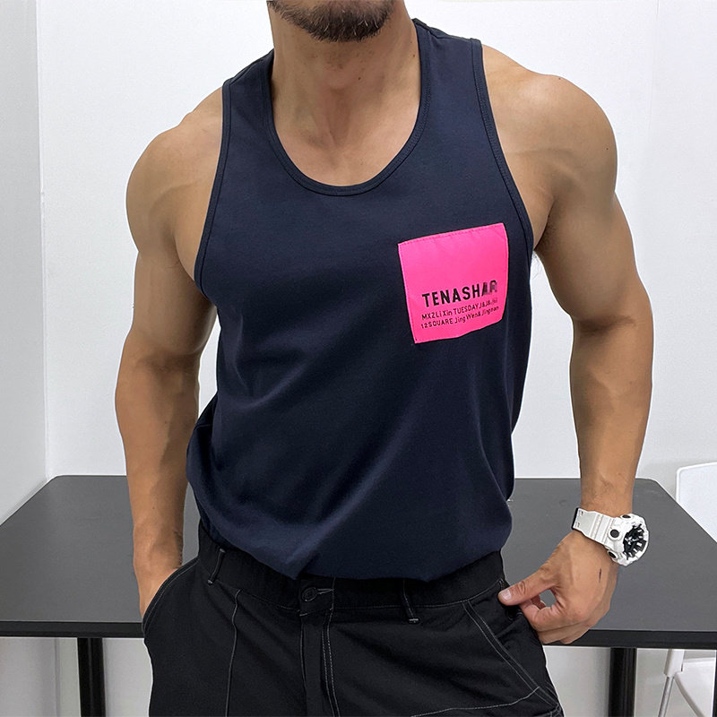 荧光撞色面料好!纯棉修身背心无袖T恤肌肉男显身材健身海滩旅游