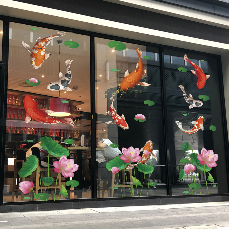 夏季荷花荷塘锦鲤装饰玻璃静电贴纸餐厅门面橱窗装扮无胶高清贴画