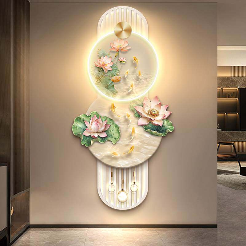 招财荷花玄关装饰画轻奢九鱼图走廊过道LED灯光挂画人体感应壁画