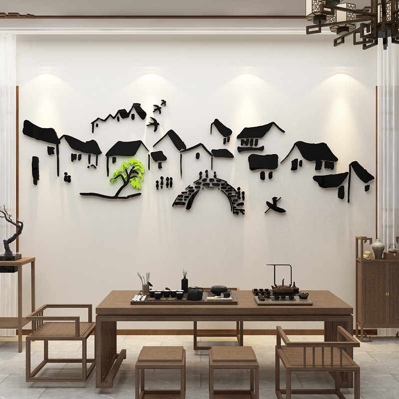 茶室背景墙面装饰品茶叶店贴纸画茶艺楼馆布置中国风徽派建筑茶桌