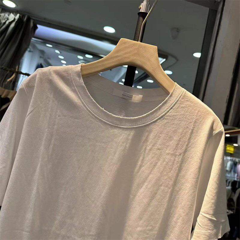 runxi圆领打底衫夏季白色短袖纯白棉t恤女内搭啃边上衣闰熙5006