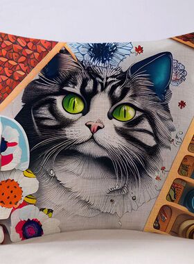 动物抱枕钢笔画猫咪狗狗手绘抽象图案猫狗可爱靠垫办公室卧室靠枕
