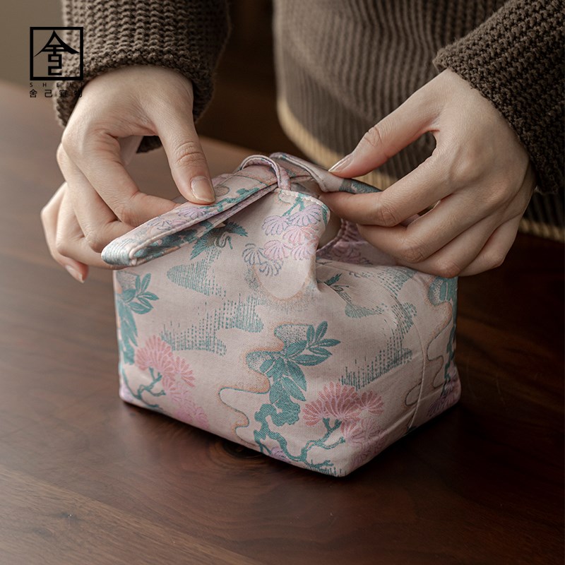 松鹤粉庭旅行茶具收纳包缎面手腕布袋手工便携布包功夫手提茶袋