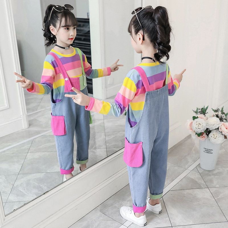 大女童洋气时髦套装秋装姐妹五六七八十二岁小女孩彩虹背带裤衣服