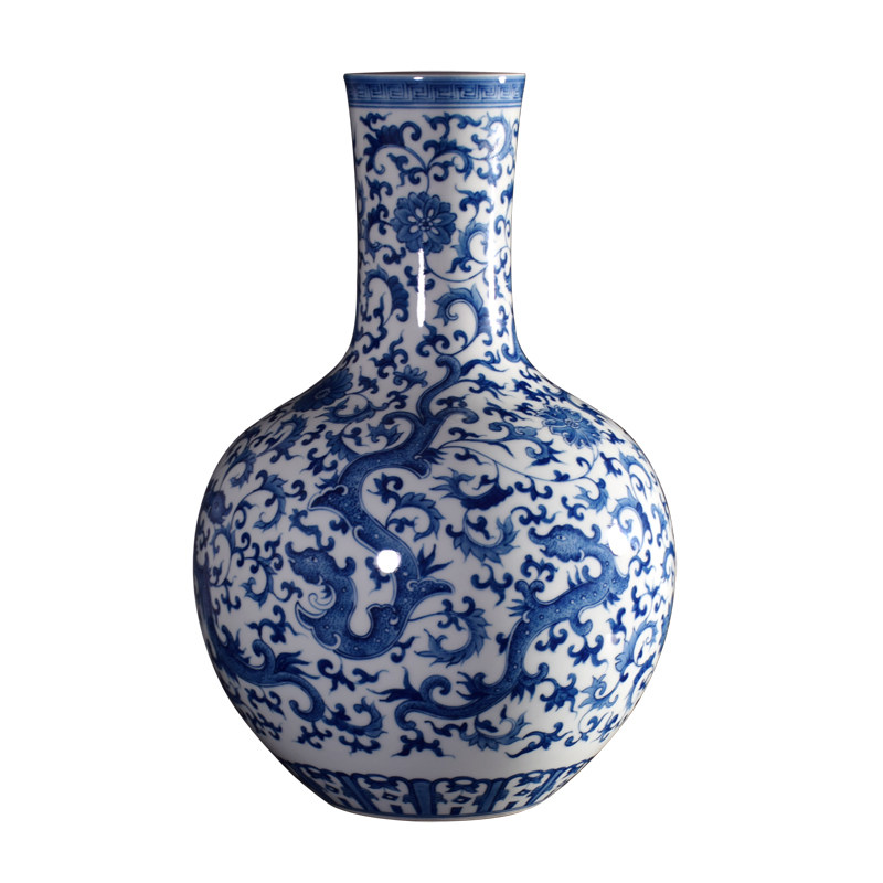 景德镇陶瓷器花瓶 青花天球瓶客厅摆件仿古简约台面装饰手工艺品