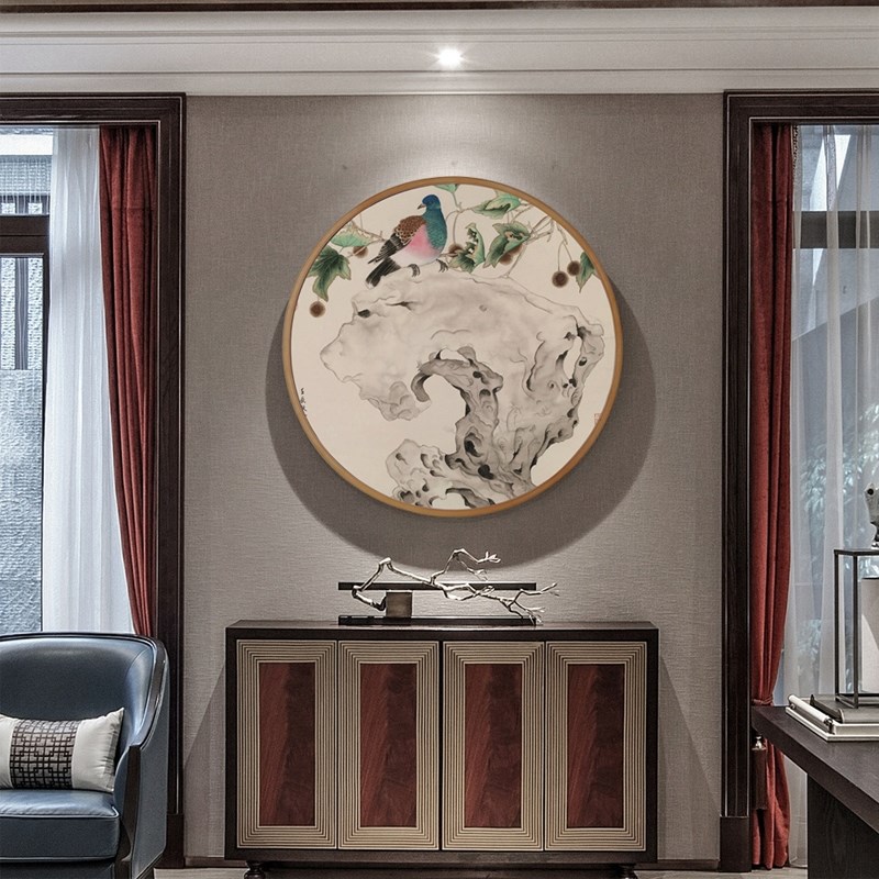 网红新中式禅意装饰画太湖石挂画圆形国画画框饭厅书房样房水墨玄