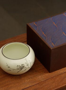 腊梅山雀瓷笔洗 水丞水盂水罐水洗文房书画绘画洗毛笔洗缸陶瓷器