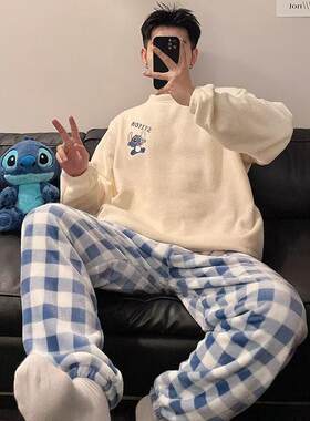 珊瑚绒睡衣男秋冬季加绒加厚青少年初中生卡通保暖两件家居服套装