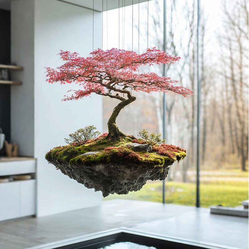 梦幻悬浮岛景观仿真绿植假山石悬挂苔藓植物造景商业橱窗创意装饰