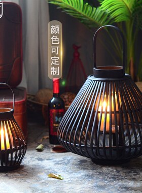 新中式落地黑色烛台摆件欧式竹编玻璃灯笼餐馆蜡烛台座托台风灯