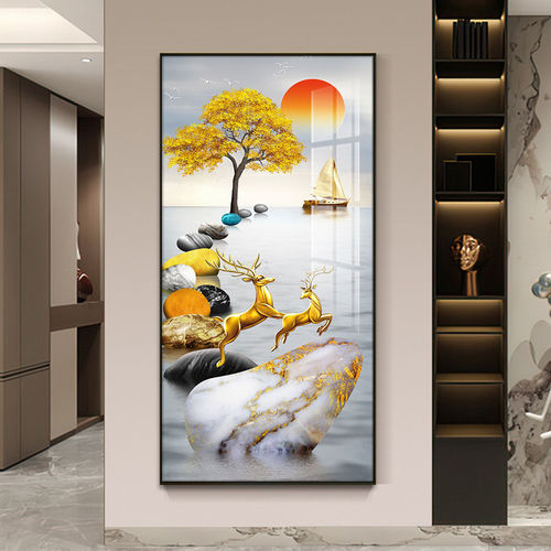 石来运转入户玄关画大气竖版走廊挂画轻奢现代高档壁画晶瓷镶钻