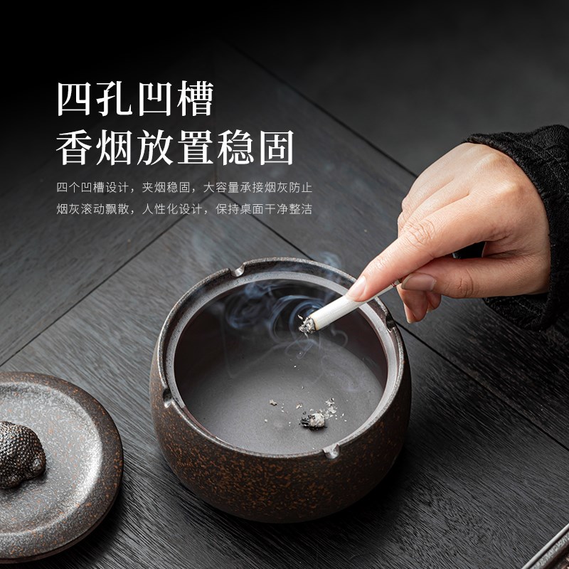 粗陶烟灰缸创意个性家用客厅办公室大号复古陶瓷密封防飞带盖定制