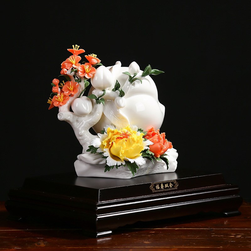陶瓷寿桃瓷花工艺品福寿双全生日礼品创意送长辈父母祝寿礼品摆件