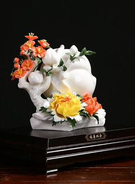 陶瓷寿桃瓷花工艺品福寿双全生日礼品创意送长辈父母祝寿礼品摆件