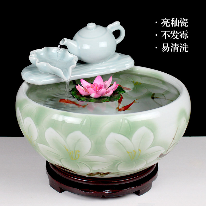 玻璃金鱼缸鱼盆循环增氧过滤鱼池造景净水陶瓷水壶流水器加湿摆件