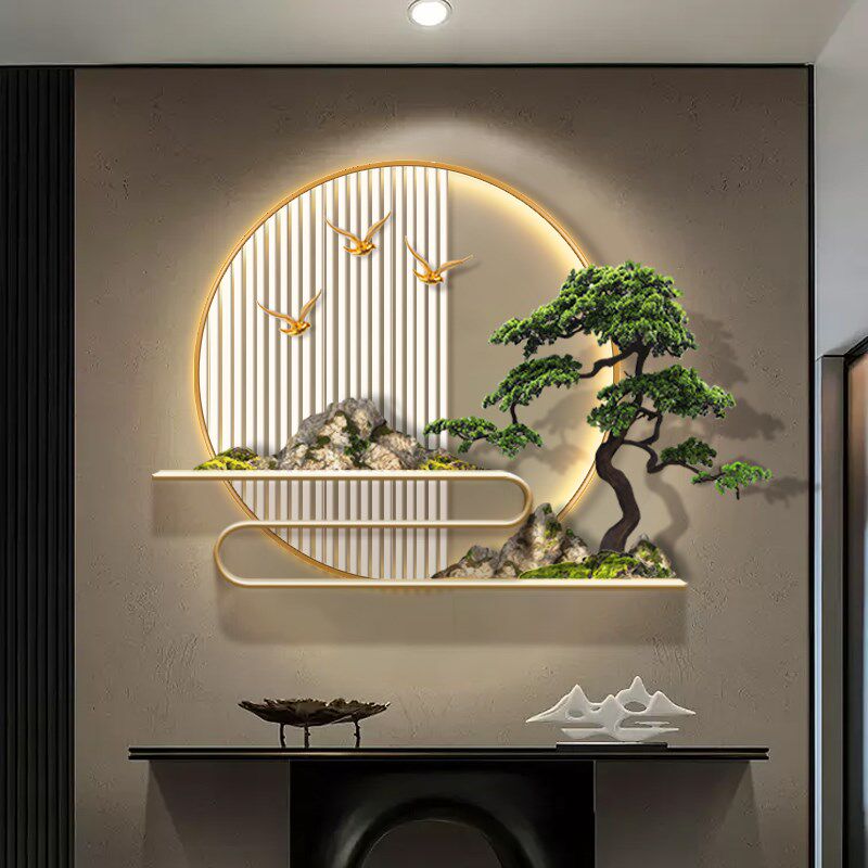 3D立体浮雕入户玄关装饰画led迎客松新中式壁画寓意好的发光挂画