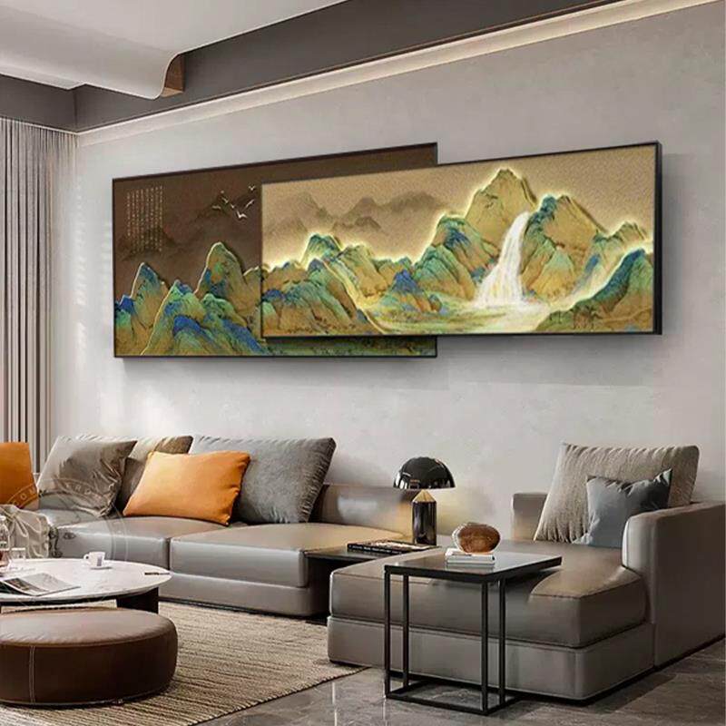 千里江山图新中式客厅装饰画横幅高级感茶室沙发背景墙挂画山水画