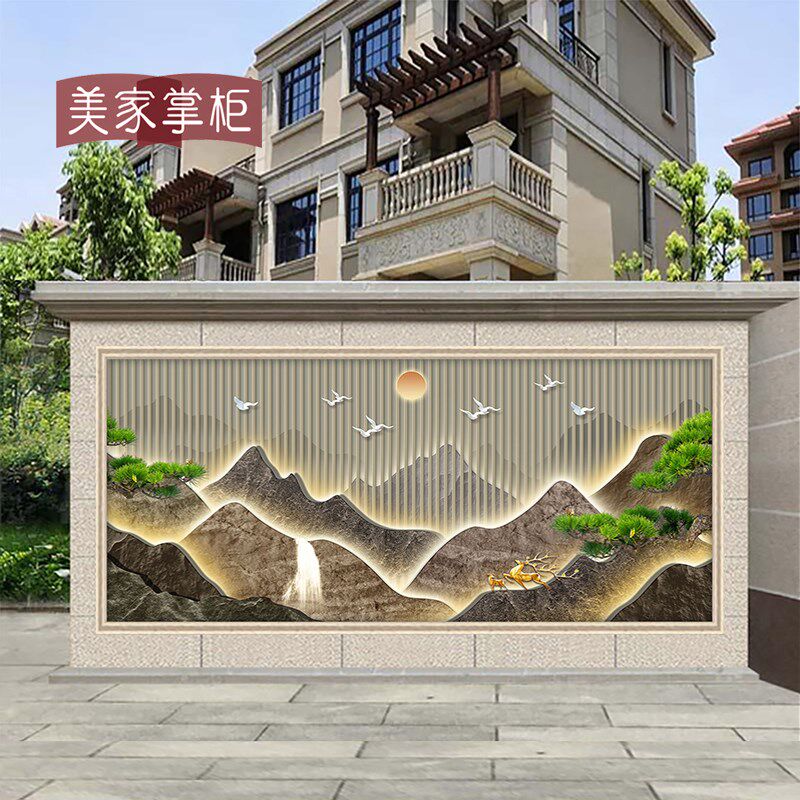 新中式3d立体假山别墅庭院背景墙山水画瓷砖迎门墙景观池瓷砖照壁