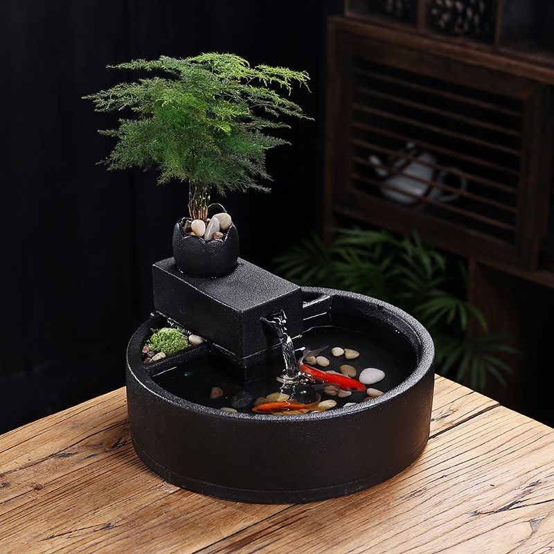 循环流水生财鱼缸装饰摆件风水轮水车茶台喷泉时来运转招财水晶球
