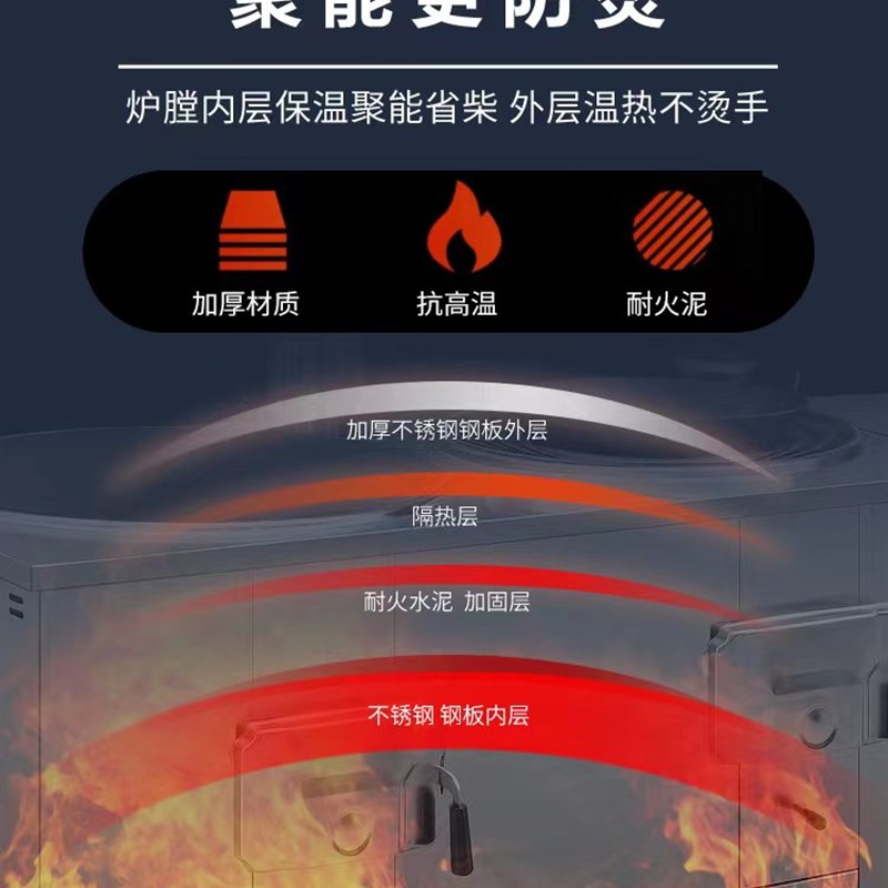 高级柴火灶双灶台家用烧木柴火炉农村304不锈钢移动材锅灶大铁锅