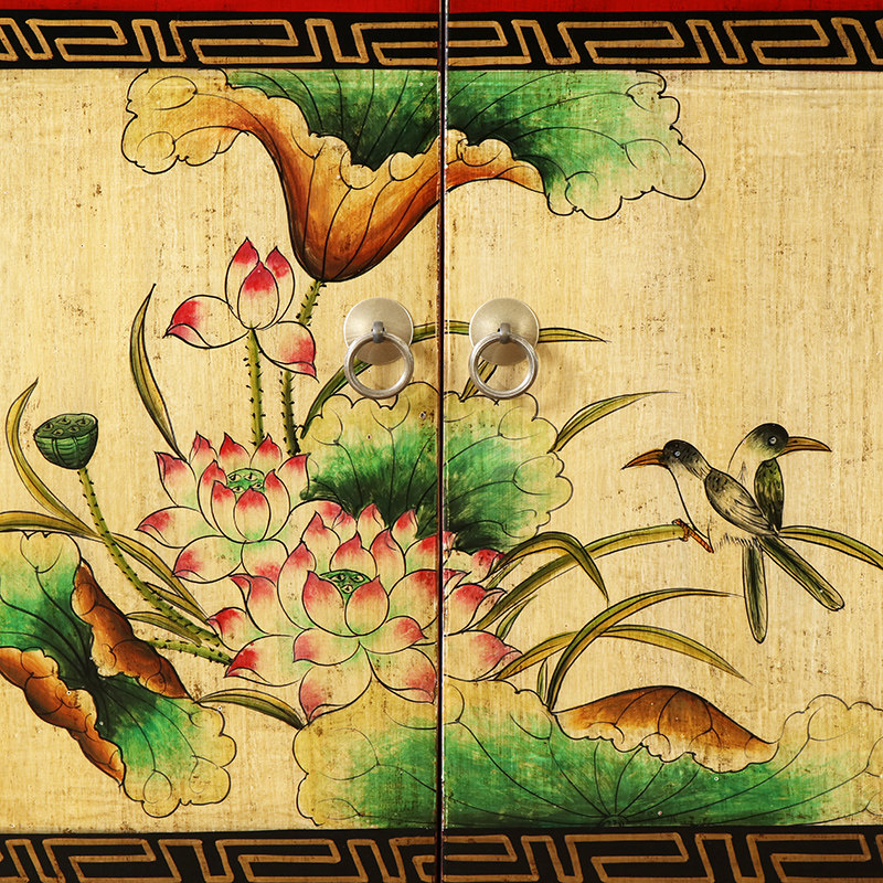 新中式彩绘餐柜实木仿古做旧电视柜复古门厅柜储物收纳柜鞋柜