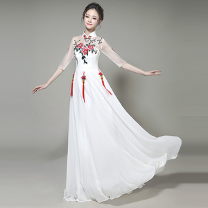 汐沚新款显瘦大气年会主持人礼服女中老年红歌大合唱演出服长款裙