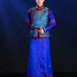 拍照蒙古袍婚礼新郎伴郎父母敬酒舞蹈演出服深蓝色 时尚 新款 男士