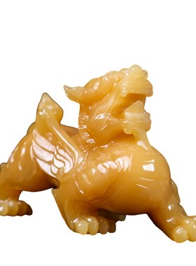 天然米黄玉霸王貔貅摆件招财进宝一对玉石皮丘办公室玄关装饰开业