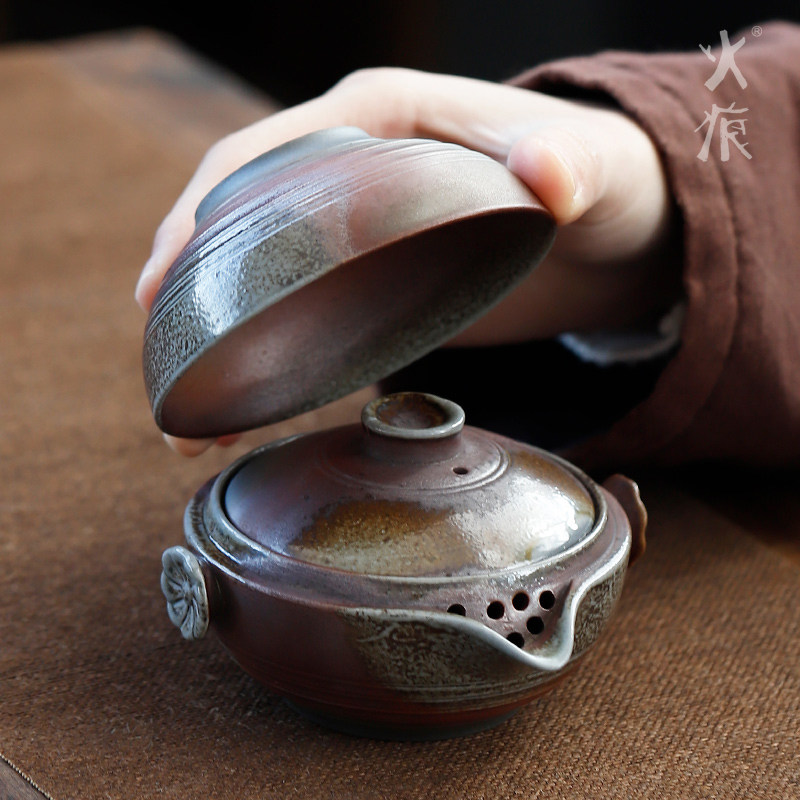 柴烧旅行茶具套组 可携式一壶一杯 车载泡茶壶 自然落灰釉快客杯