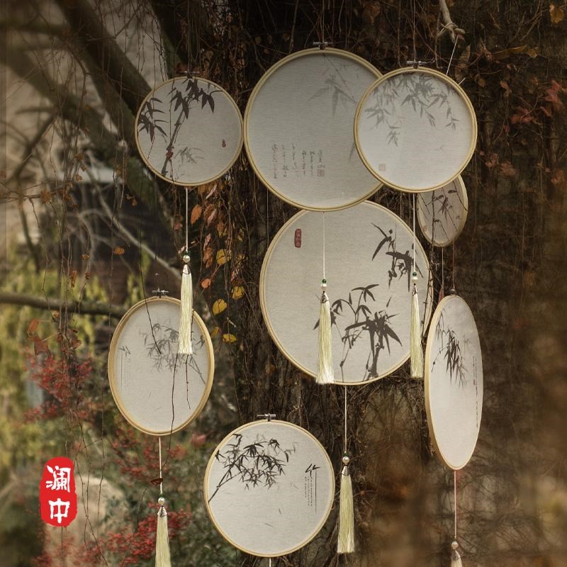 新中式古风绣绷圆环挂件竹子婚礼背景吊饰幼儿园环创橱窗装饰布置