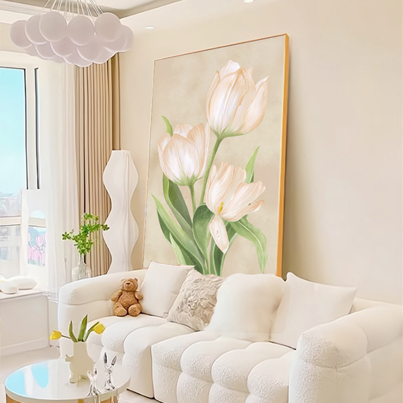 奶油风客厅装饰画郁金香沙发背景墙挂画花卉落地画艺术感玄关挂画