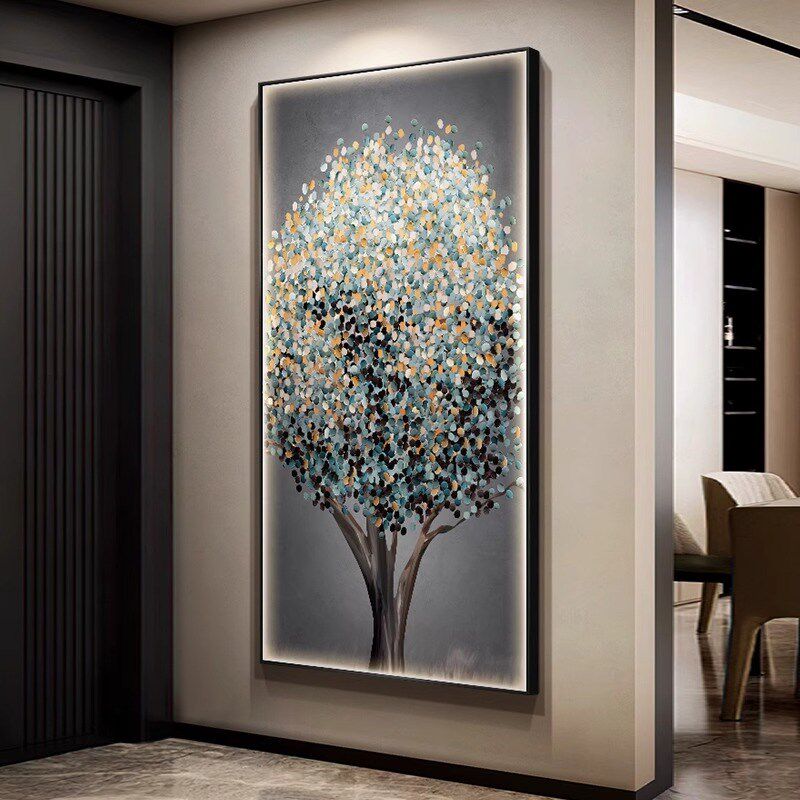 入户门正对墙挂画带灯玄关发财树装饰画大幅LED尽头走廊过道壁灯