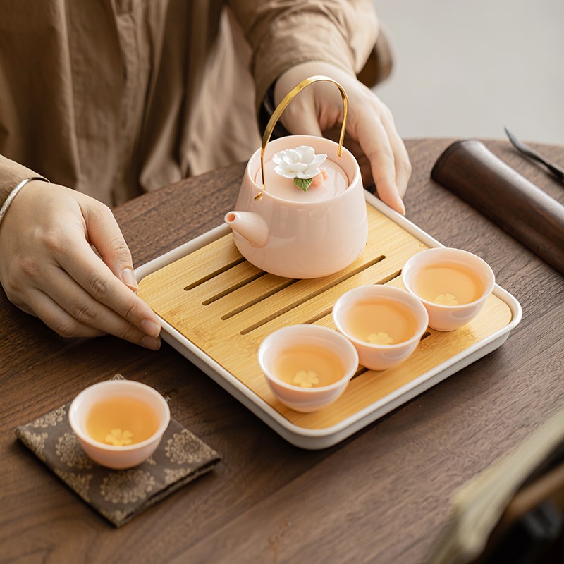 陶瓷捏花粉色功夫茶具套组家用提梁壶茶壶喝茶茶杯女生专用轻奢