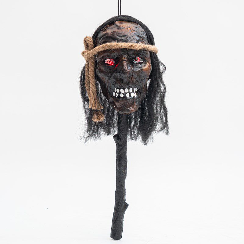 万圣节新款干尸骷髅头手杖鬼屋密室发光野人装饰挂件地插装饰道具