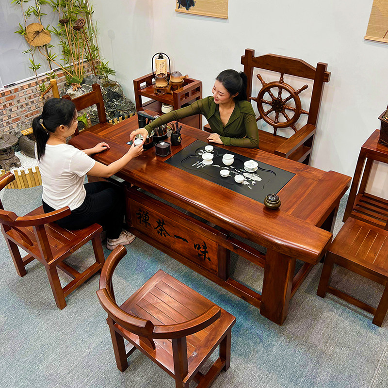 老船木茶桌椅组合家用套装客厅实木茶几办公室茶台一体复古原木桌