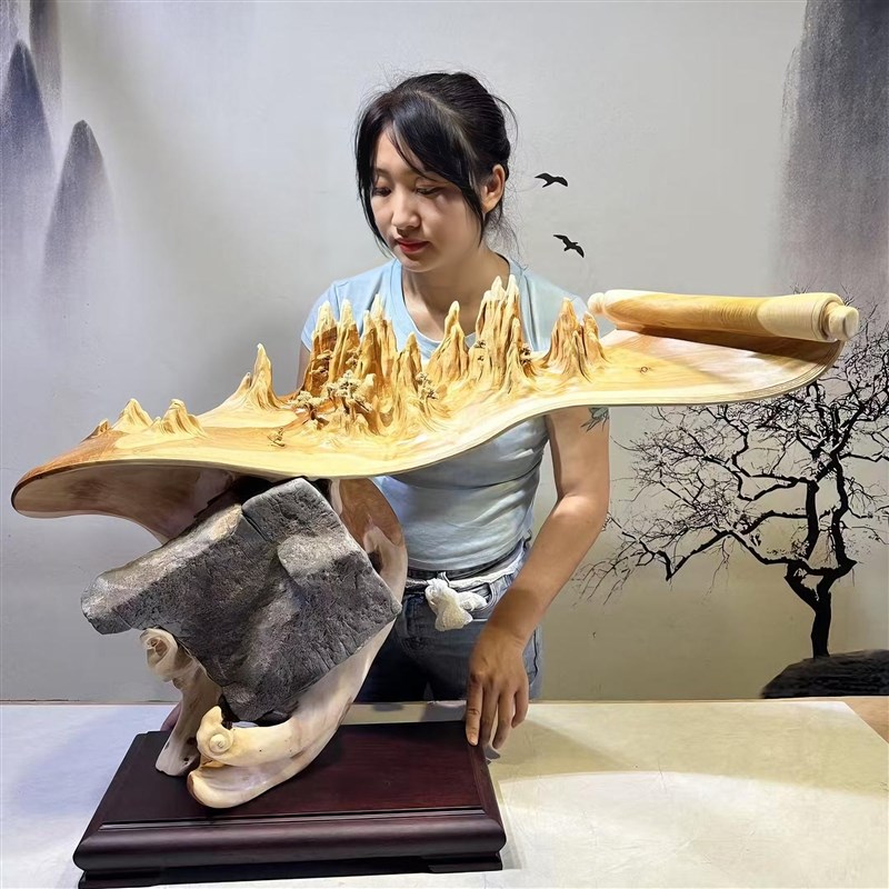 太行崖柏根雕金丝楠木雕山水江山如画纯手工雕刻根抱石摆件工艺品