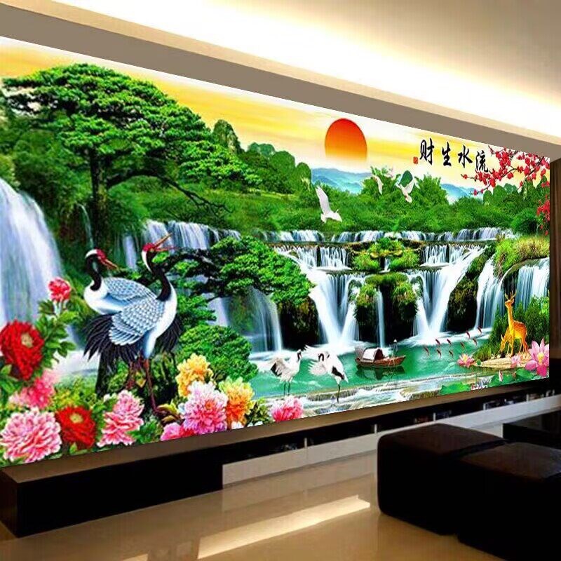 新款流水生财钻石画自粘画DIY贴钻画迎客松客厅山水画风景装饰画