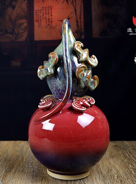 禹州钧瓷花瓶家居客厅新中式钧窑变陶瓷器工艺品葫芦摆件五福临门