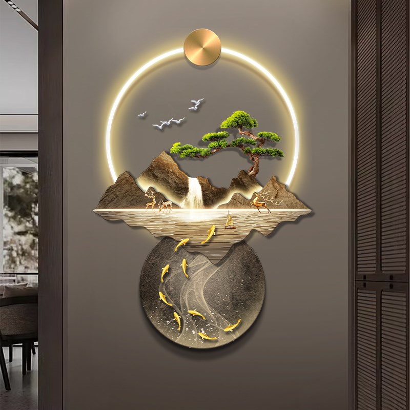 新中式玄关装饰画带钟表流水生财山水灯画高档立体客厅走廊壁画图片