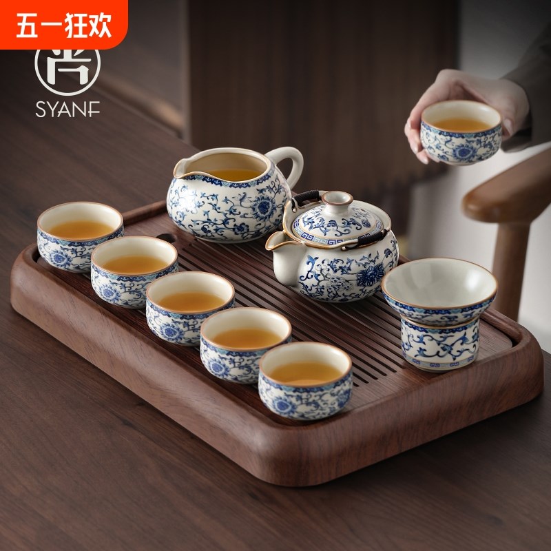 汝窑茶具套装2025新款家用轻奢高档盖碗手抓壶青花功夫喝茶泡茶具